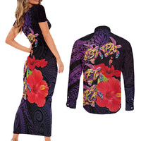 Pasifika Festival Couples Matching Short Sleeve Bodycon Dress and Long Sleeve Button Shirt Plumeria Turtles with Hibiscus - Polynesian Art Tattoo Purple Color LT03 - Polynesian Pride