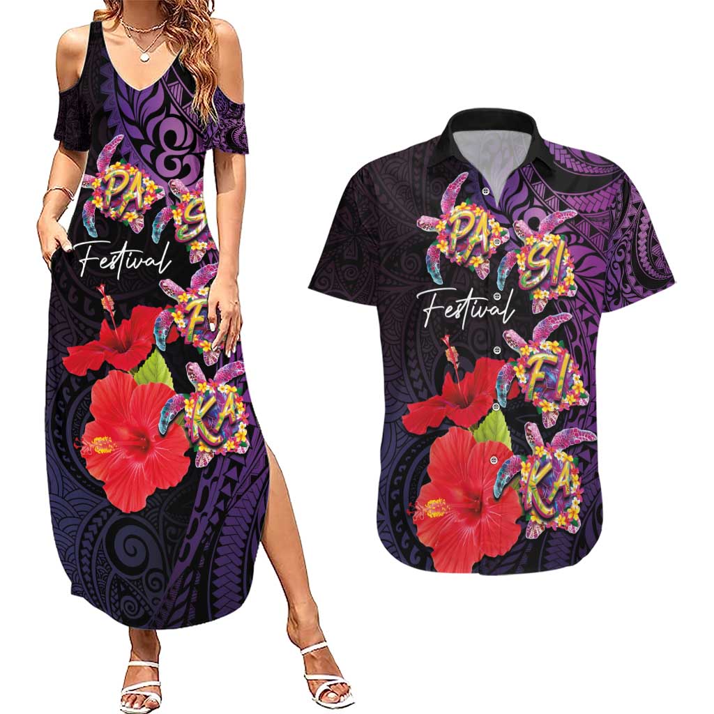 Pasifika Festival Couples Matching Summer Maxi Dress and Hawaiian Shirt Plumeria Turtles with Hibiscus - Polynesian Art Tattoo Purple Color LT03 Purple - Polynesian Pride