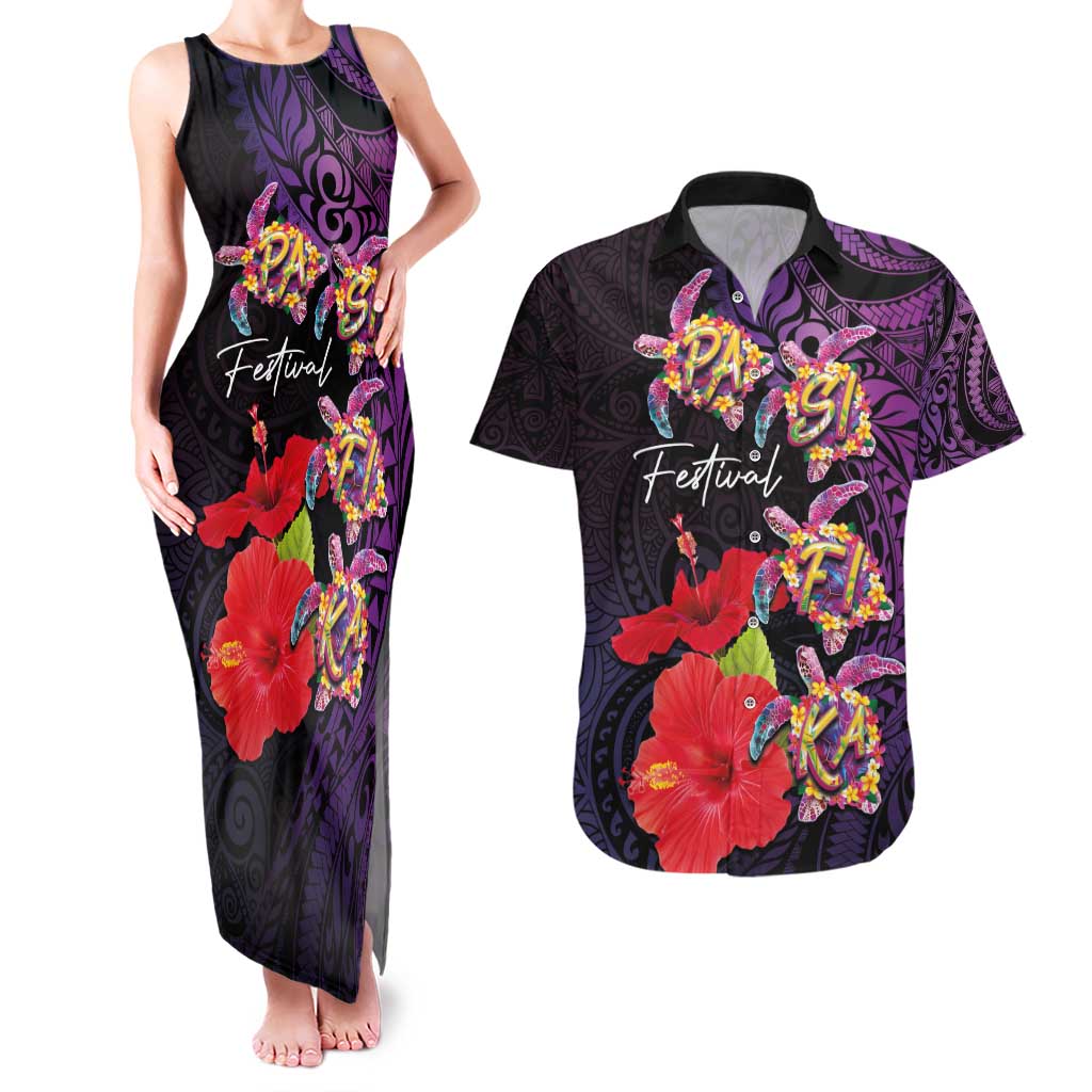 Pasifika Festival Couples Matching Tank Maxi Dress and Hawaiian Shirt Plumeria Turtles with Hibiscus - Polynesian Art Tattoo Purple Color LT03 Purple - Polynesian Pride