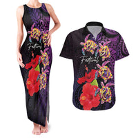 Pasifika Festival Couples Matching Tank Maxi Dress and Hawaiian Shirt Plumeria Turtles with Hibiscus - Polynesian Art Tattoo Purple Color LT03 Purple - Polynesian Pride