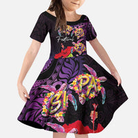 Pasifika Festival Family Matching Long Sleeve Bodycon Dress and Hawaiian Shirt Plumeria Turtles with Hibiscus - Polynesian Art Tattoo Purple Color LT03 Daughter's Dress Purple - Polynesian Pride