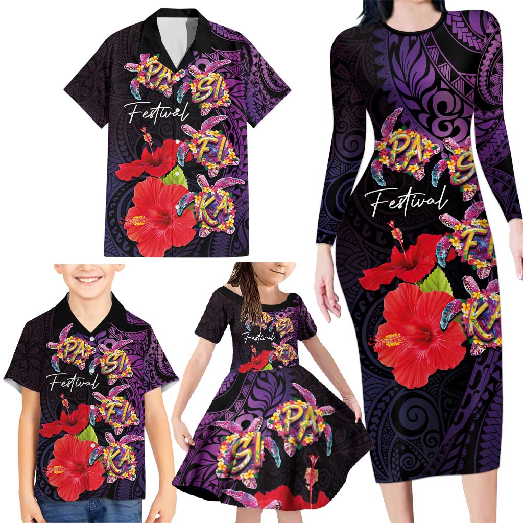 Pasifika Festival Family Matching Long Sleeve Bodycon Dress and Hawaiian Shirt Plumeria Turtles with Hibiscus - Polynesian Art Tattoo Purple Color LT03 - Polynesian Pride