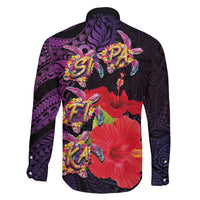 Pasifika Festival Family Matching Long Sleeve Bodycon Dress and Hawaiian Shirt Plumeria Turtles with Hibiscus - Polynesian Art Tattoo Purple Color LT03 - Polynesian Pride
