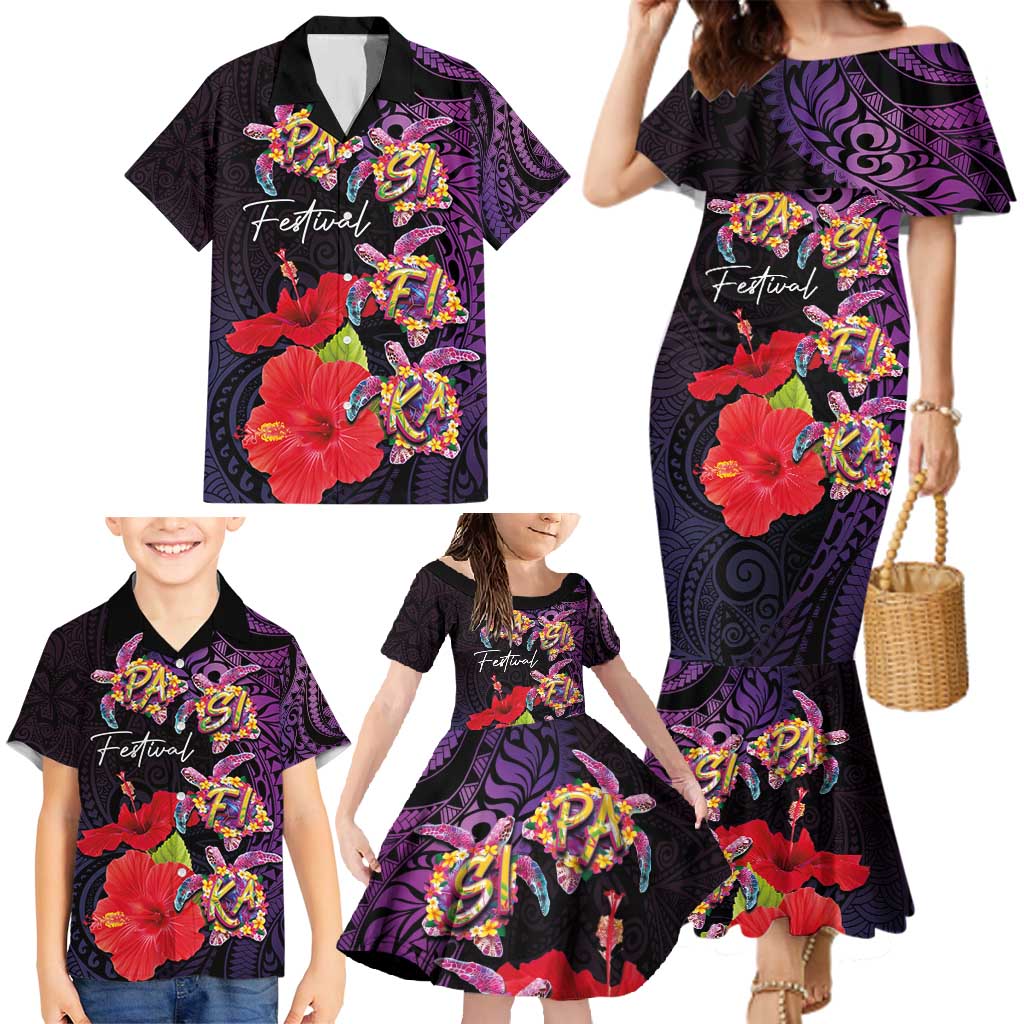 Pasifika Festival Family Matching Mermaid Dress and Hawaiian Shirt Plumeria Turtles with Hibiscus - Polynesian Art Tattoo Purple Color LT03 - Polynesian Pride
