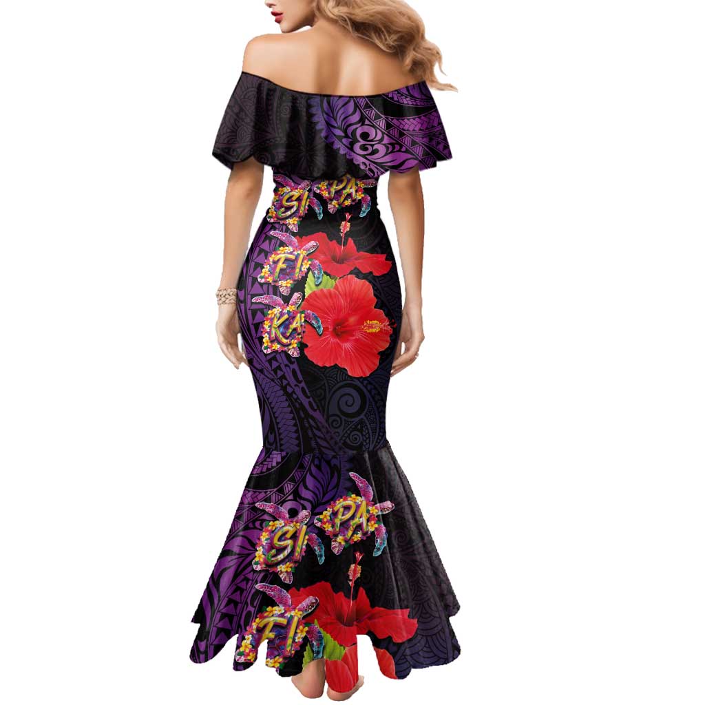 Pasifika Festival Family Matching Mermaid Dress and Hawaiian Shirt Plumeria Turtles with Hibiscus - Polynesian Art Tattoo Purple Color LT03 - Polynesian Pride