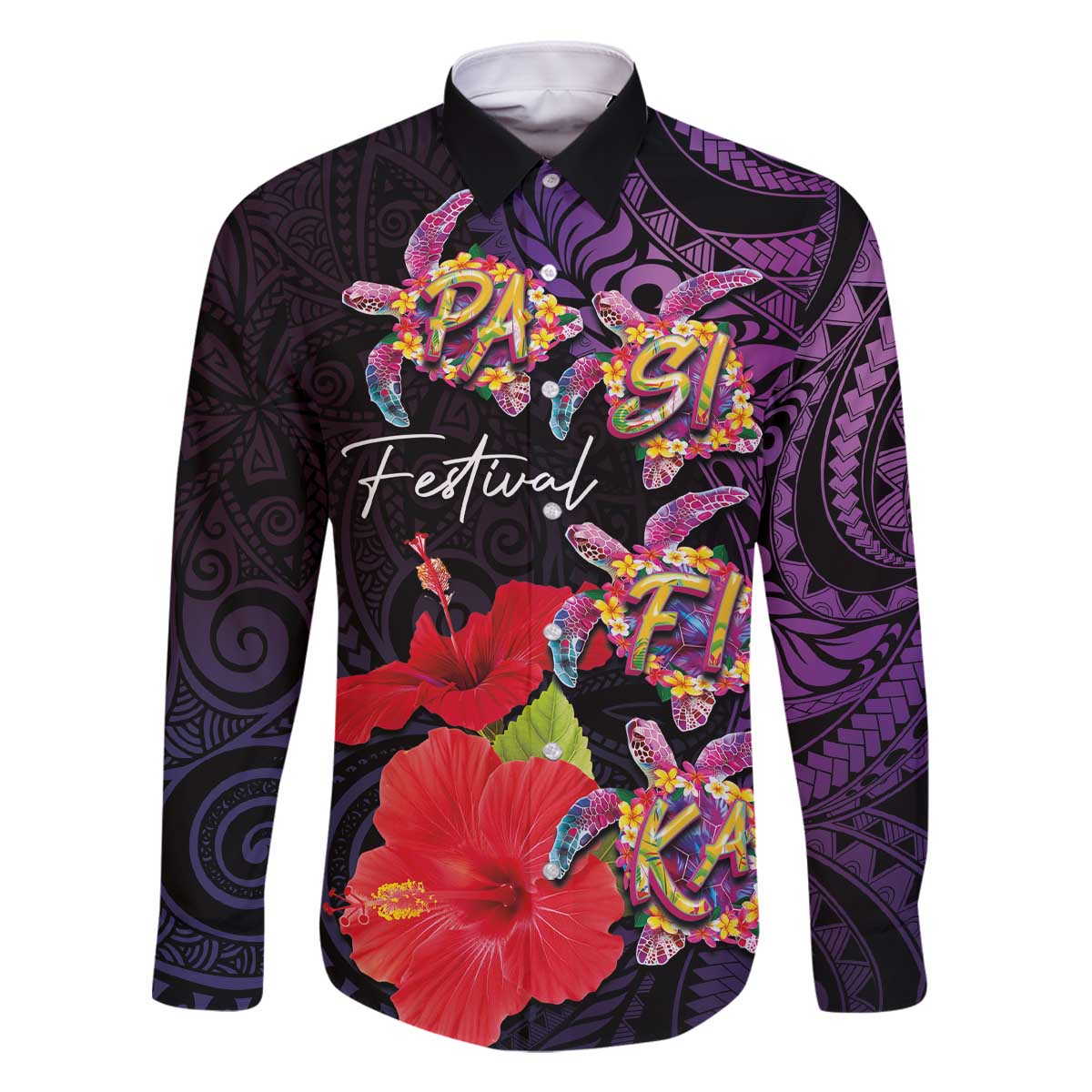 Pasifika Festival Family Matching Off The Shoulder Long Sleeve Dress and Hawaiian Shirt Plumeria Turtles with Hibiscus - Polynesian Art Tattoo Purple Color LT03 Dad's Shirt - Long Sleeve Purple - Polynesian Pride