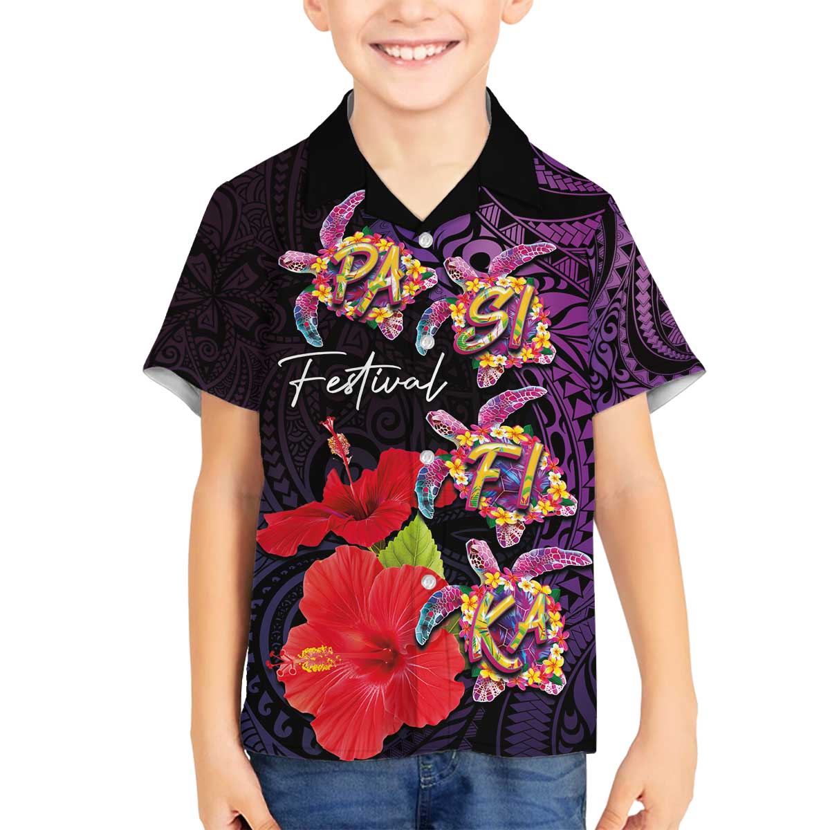Pasifika Festival Family Matching Off The Shoulder Long Sleeve Dress and Hawaiian Shirt Plumeria Turtles with Hibiscus - Polynesian Art Tattoo Purple Color LT03 Son's Shirt Purple - Polynesian Pride