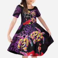 Pasifika Festival Family Matching Off Shoulder Maxi Dress and Hawaiian Shirt Plumeria Turtles with Hibiscus - Polynesian Art Tattoo Purple Color LT03 Daughter's Dress Purple - Polynesian Pride