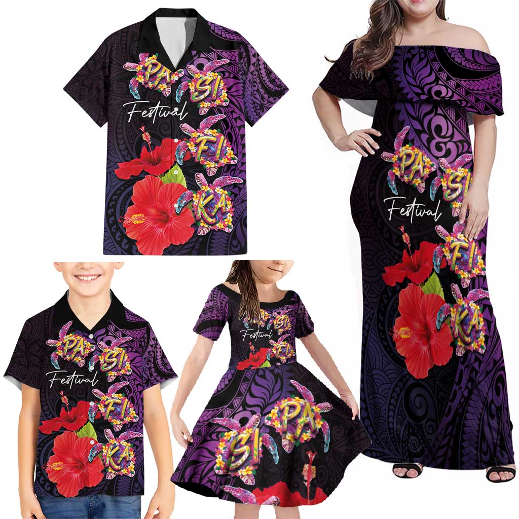 Pasifika Festival Family Matching Off Shoulder Maxi Dress and Hawaiian Shirt Plumeria Turtles with Hibiscus - Polynesian Art Tattoo Purple Color LT03 - Polynesian Pride