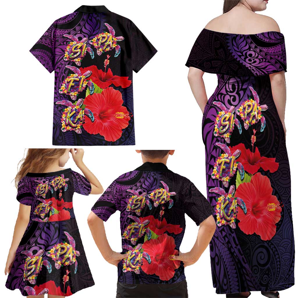 Pasifika Festival Family Matching Off Shoulder Maxi Dress and Hawaiian Shirt Plumeria Turtles with Hibiscus - Polynesian Art Tattoo Purple Color LT03 - Polynesian Pride
