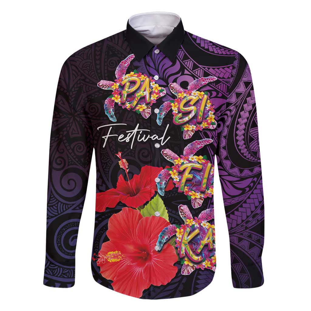 Pasifika Festival Family Matching Off Shoulder Maxi Dress and Hawaiian Shirt Plumeria Turtles with Hibiscus - Polynesian Art Tattoo Purple Color LT03 Dad's Shirt - Long Sleeve Purple - Polynesian Pride