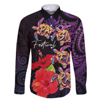 Pasifika Festival Family Matching Off Shoulder Maxi Dress and Hawaiian Shirt Plumeria Turtles with Hibiscus - Polynesian Art Tattoo Purple Color LT03 Dad's Shirt - Long Sleeve Purple - Polynesian Pride
