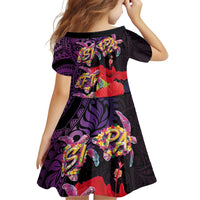 Pasifika Festival Family Matching Off Shoulder Short Dress and Hawaiian Shirt Plumeria Turtles with Hibiscus - Polynesian Art Tattoo Purple Color LT03 - Polynesian Pride