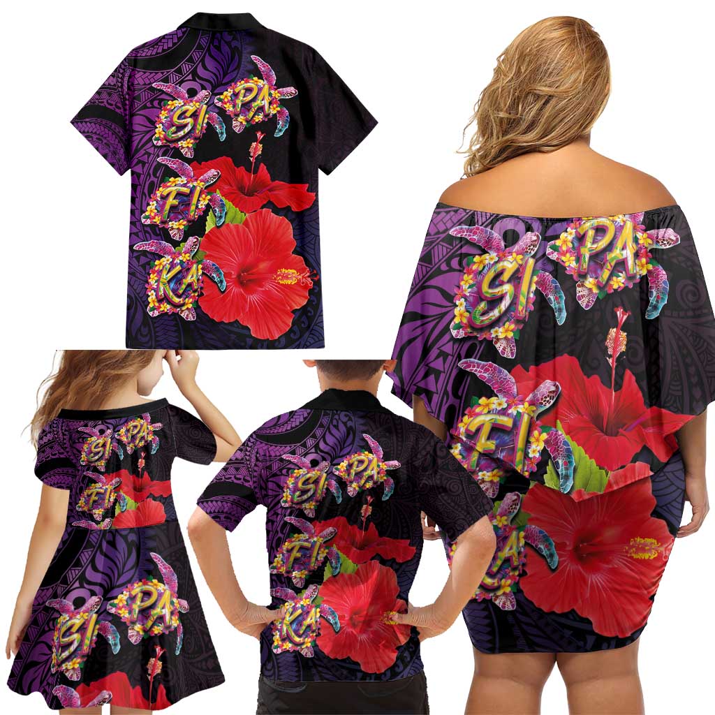 Pasifika Festival Family Matching Off Shoulder Short Dress and Hawaiian Shirt Plumeria Turtles with Hibiscus - Polynesian Art Tattoo Purple Color LT03 - Polynesian Pride