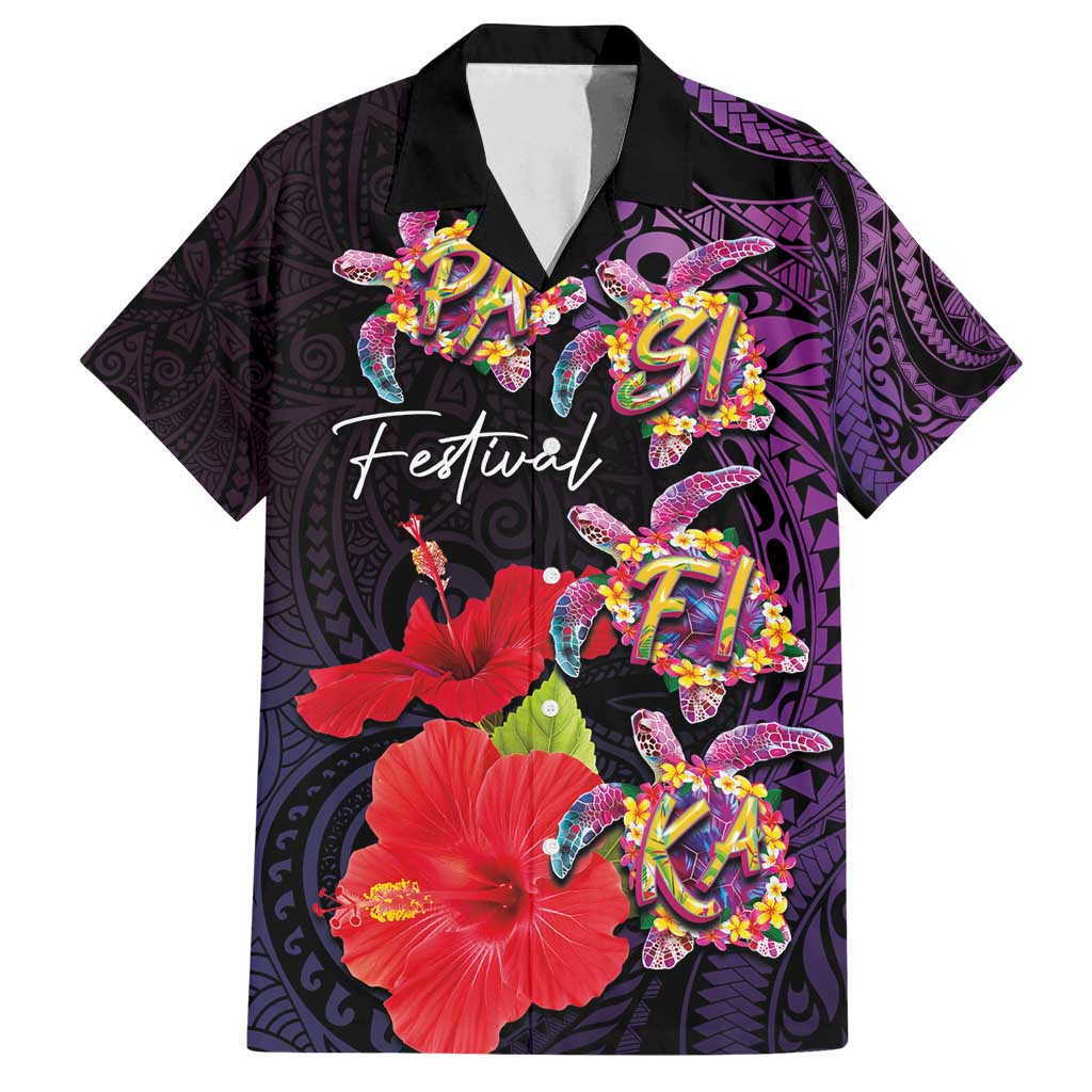 Pasifika Festival Family Matching Off Shoulder Short Dress and Hawaiian Shirt Plumeria Turtles with Hibiscus - Polynesian Art Tattoo Purple Color LT03 Dad's Shirt - Short Sleeve Purple - Polynesian Pride