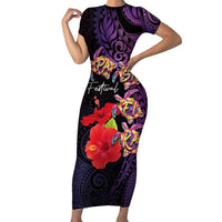 Pasifika Festival Family Matching Short Sleeve Bodycon Dress and Hawaiian Shirt Plumeria Turtles with Hibiscus - Polynesian Art Tattoo Purple Color LT03 Mom's Dress Purple - Polynesian Pride