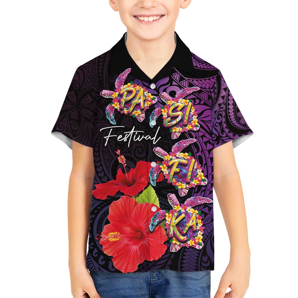 Pasifika Festival Family Matching Tank Maxi Dress and Hawaiian Shirt Plumeria Turtles with Hibiscus - Polynesian Art Tattoo Purple Color LT03 Son's Shirt Purple - Polynesian Pride