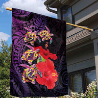 Pasifika Festival Garden Flag Plumeria Turtles with Hibiscus - Polynesian Art Tattoo Purple Color LT03 - Polynesian Pride