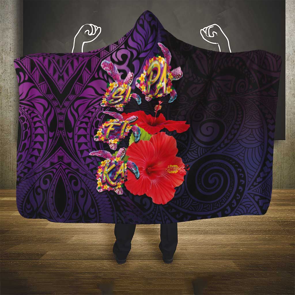 Pasifika Festival Hooded Blanket Plumeria Turtles with Hibiscus - Polynesian Art Tattoo Purple Color LT03 - Polynesian Pride