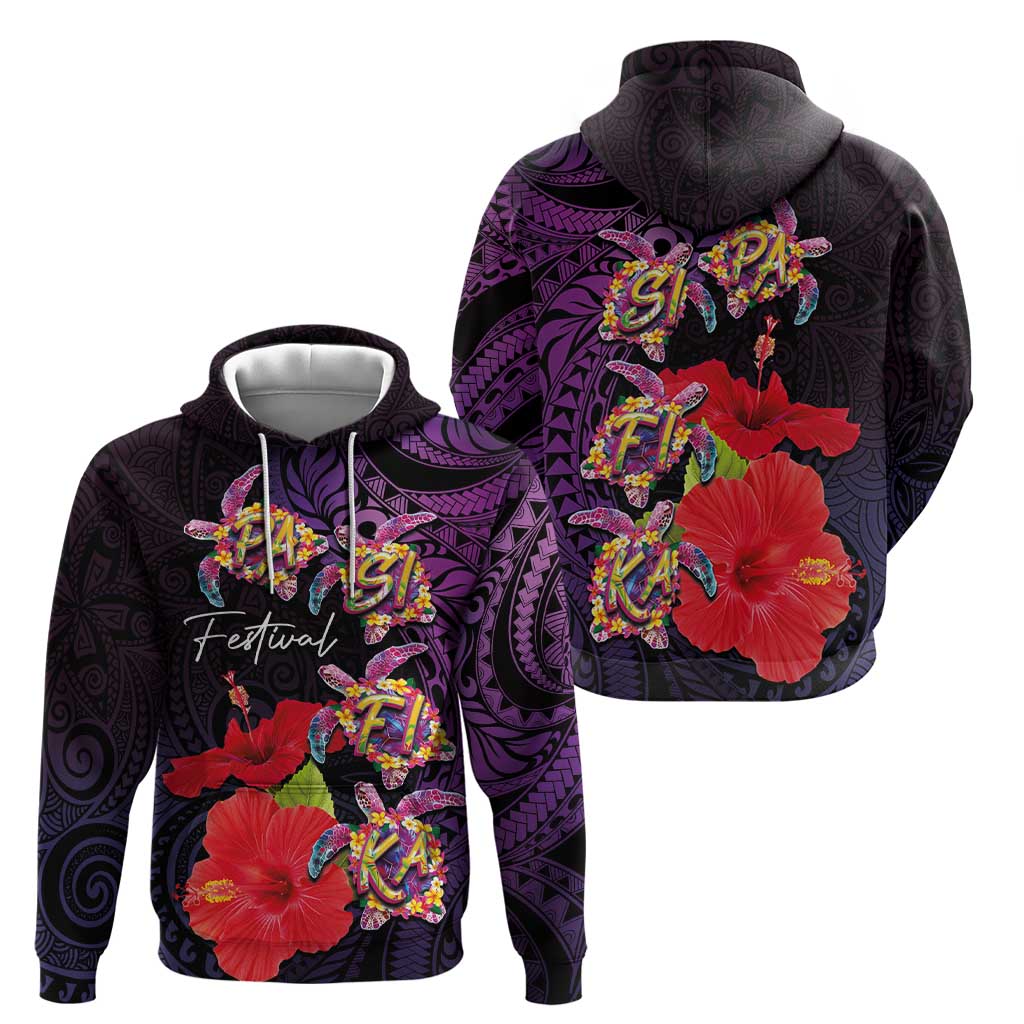 Pasifika Festival Hoodie Plumeria Turtles with Hibiscus - Polynesian Art Tattoo Purple Color LT03 - Polynesian Pride