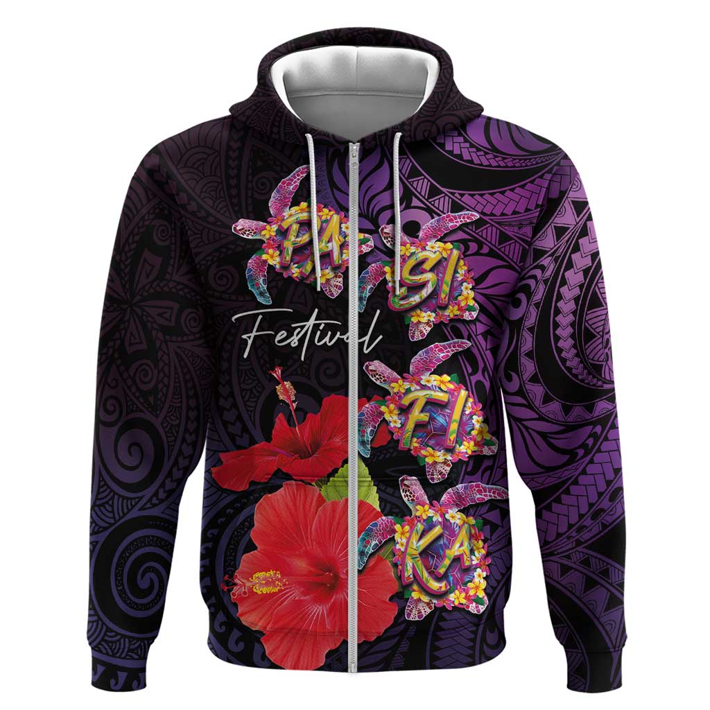 Pasifika Festival Hoodie Plumeria Turtles with Hibiscus - Polynesian Art Tattoo Purple Color LT03 Zip Hoodie Purple - Polynesian Pride