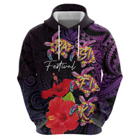 Pasifika Festival Hoodie Plumeria Turtles with Hibiscus - Polynesian Art Tattoo Purple Color LT03 - Polynesian Pride