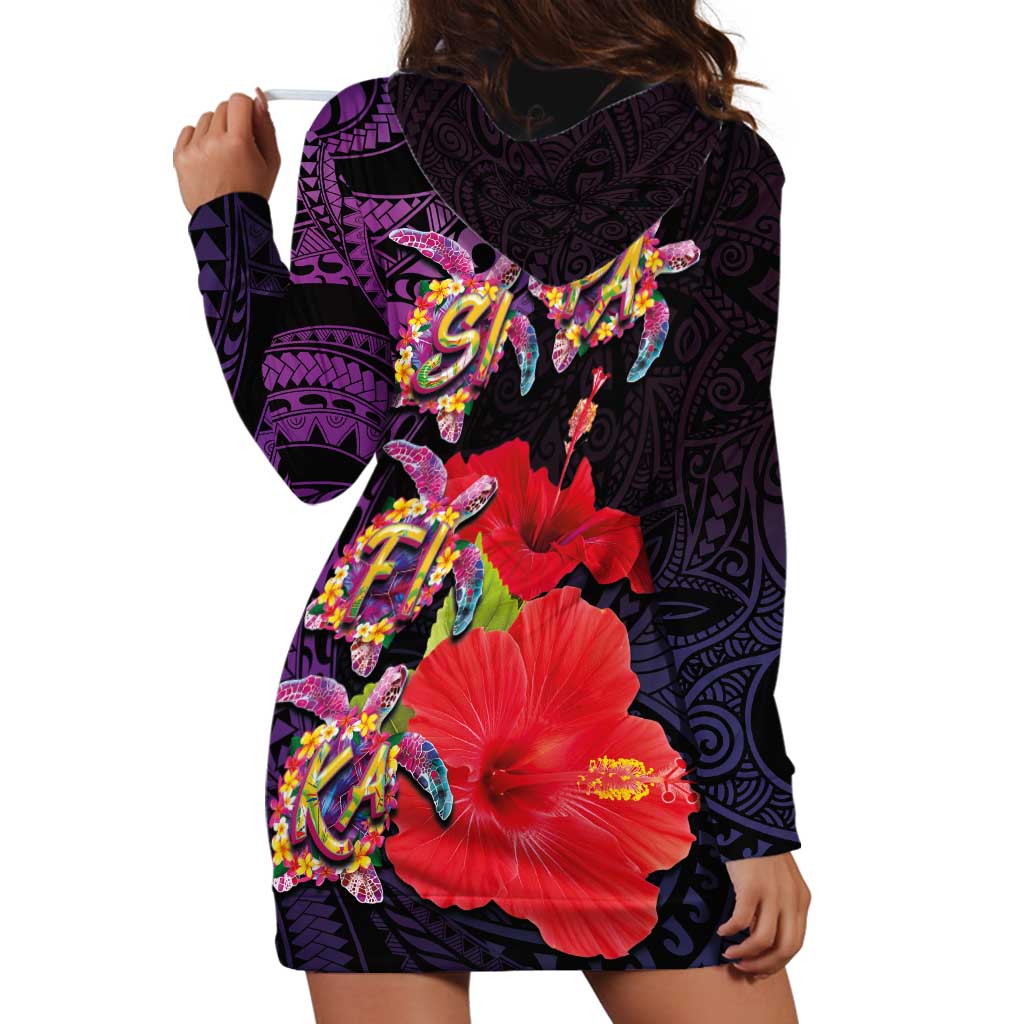 Pasifika Festival Hoodie Dress Plumeria Turtles with Hibiscus - Polynesian Art Tattoo Purple Color LT03 - Polynesian Pride