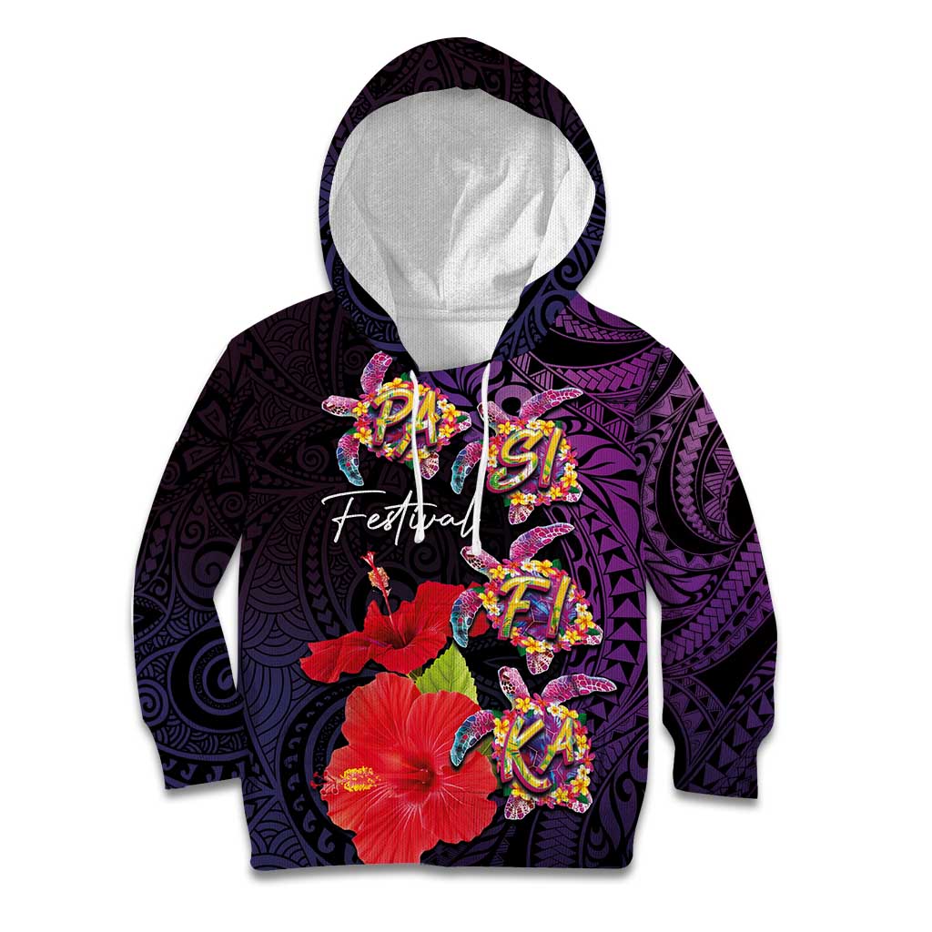 Pasifika Festival Kid Hoodie Plumeria Turtles with Hibiscus - Polynesian Art Tattoo Purple Color LT03 Hoodie Purple - Polynesian Pride