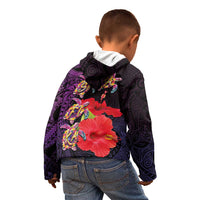 Pasifika Festival Kid Hoodie Plumeria Turtles with Hibiscus - Polynesian Art Tattoo Purple Color LT03 - Polynesian Pride