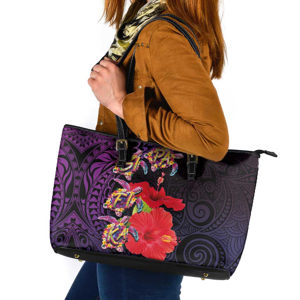 Pasifika Festival Leather Tote Bag Plumeria Turtles with Hibiscus - Polynesian Art Tattoo Purple Color LT03 Purple - Polynesian Pride