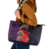 Pasifika Festival Leather Tote Bag Plumeria Turtles with Hibiscus - Polynesian Art Tattoo Purple Color LT03 Purple - Polynesian Pride