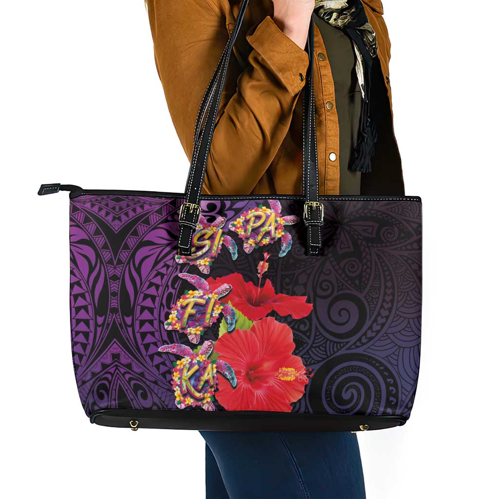 Pasifika Festival Leather Tote Bag Plumeria Turtles with Hibiscus - Polynesian Art Tattoo Purple Color LT03 - Polynesian Pride