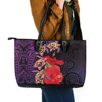 Pasifika Festival Leather Tote Bag Plumeria Turtles with Hibiscus - Polynesian Art Tattoo Purple Color LT03 - Polynesian Pride