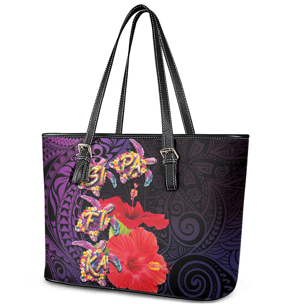 Pasifika Festival Leather Tote Bag Plumeria Turtles with Hibiscus - Polynesian Art Tattoo Purple Color LT03 - Polynesian Pride