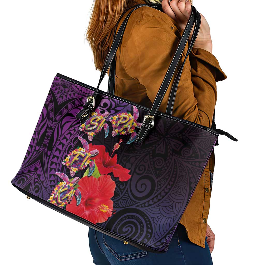 Pasifika Festival Leather Tote Bag Plumeria Turtles with Hibiscus - Polynesian Art Tattoo Purple Color LT03 - Polynesian Pride