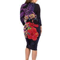 Pasifika Festival Long Sleeve Bodycon Dress Plumeria Turtles with Hibiscus - Polynesian Art Tattoo Purple Color LT03 - Polynesian Pride