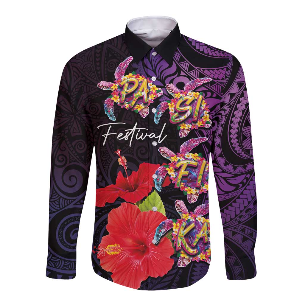 Pasifika Festival Long Sleeve Button Shirt Plumeria Turtles with Hibiscus - Polynesian Art Tattoo Purple Color LT03 Unisex Purple - Polynesian Pride