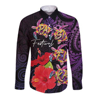 Pasifika Festival Long Sleeve Button Shirt Plumeria Turtles with Hibiscus - Polynesian Art Tattoo Purple Color LT03 Unisex Purple - Polynesian Pride