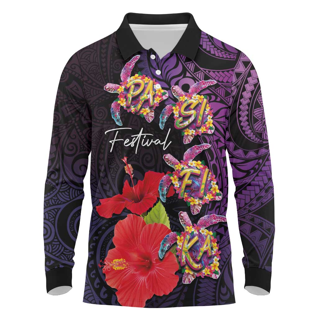 Pasifika Festival Long Sleeve Polo Shirt Plumeria Turtles with Hibiscus - Polynesian Art Tattoo Purple Color LT03 Purple - Polynesian Pride