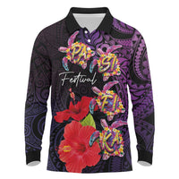 Pasifika Festival Long Sleeve Polo Shirt Plumeria Turtles with Hibiscus - Polynesian Art Tattoo Purple Color LT03 Purple - Polynesian Pride