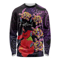 Pasifika Festival Long Sleeve Shirt Plumeria Turtles with Hibiscus - Polynesian Art Tattoo Purple Color LT03 Unisex Purple - Polynesian Pride