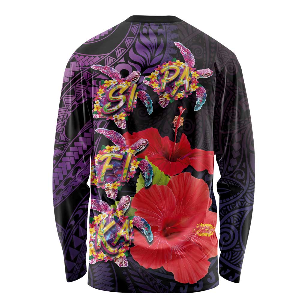 Pasifika Festival Long Sleeve Shirt Plumeria Turtles with Hibiscus - Polynesian Art Tattoo Purple Color LT03 - Polynesian Pride