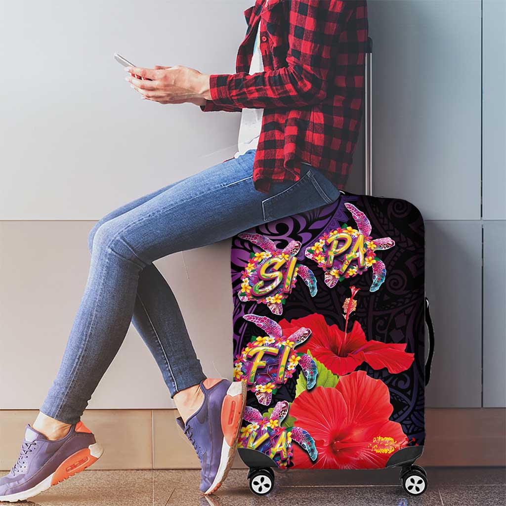 Pasifika Festival Luggage Cover Plumeria Turtles with Hibiscus - Polynesian Art Tattoo Purple Color LT03 - Polynesian Pride