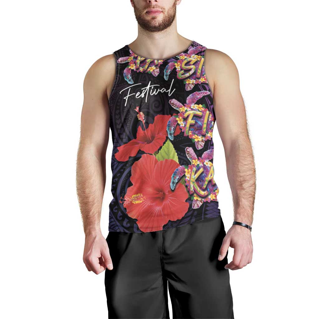 Pasifika Festival Men Tank Top Plumeria Turtles with Hibiscus - Polynesian Art Tattoo Purple Color LT03 - Polynesian Pride