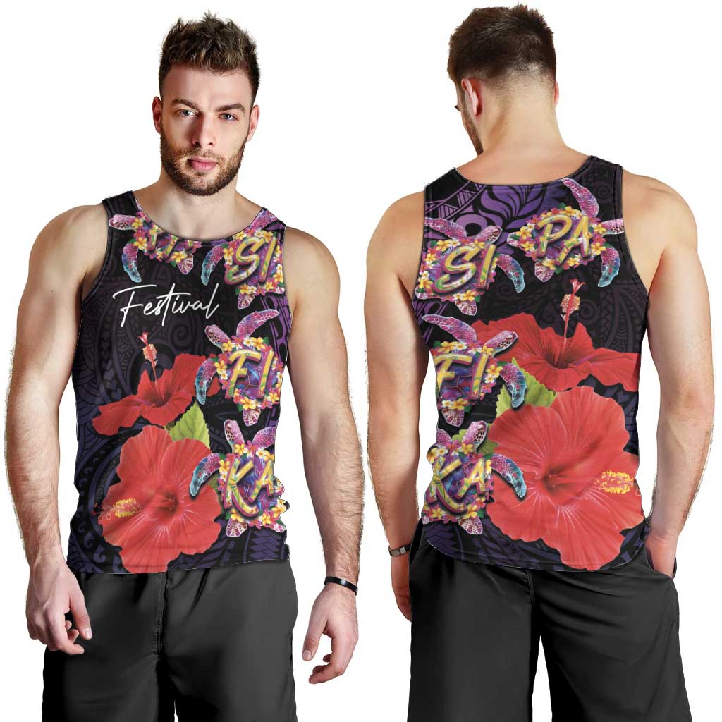 Pasifika Festival Men Tank Top Plumeria Turtles with Hibiscus - Polynesian Art Tattoo Purple Color LT03 - Polynesian Pride