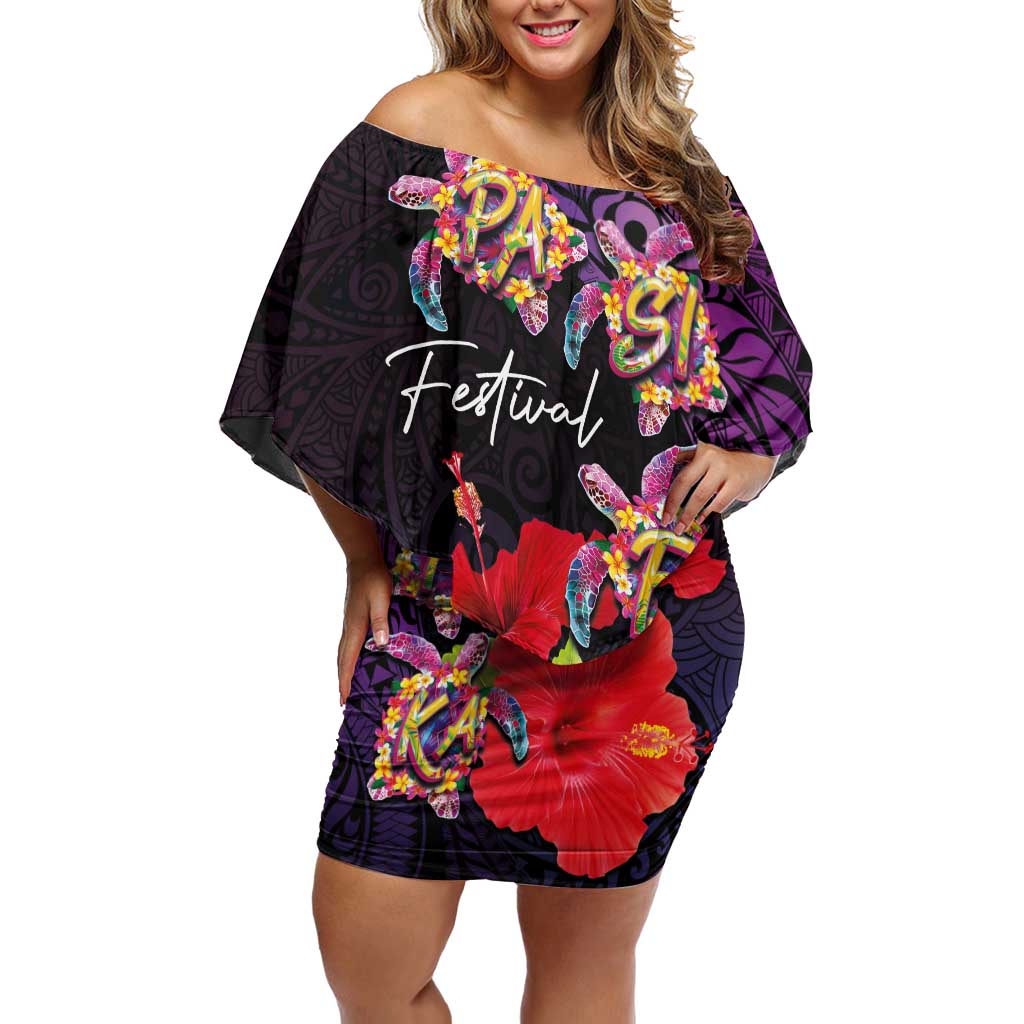 Pasifika Festival Off Shoulder Short Dress Plumeria Turtles with Hibiscus - Polynesian Art Tattoo Purple Color LT03 Women Purple - Polynesian Pride
