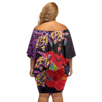 Pasifika Festival Off Shoulder Short Dress Plumeria Turtles with Hibiscus - Polynesian Art Tattoo Purple Color LT03 - Polynesian Pride