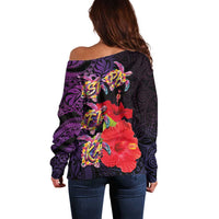 Pasifika Festival Off Shoulder Sweater Plumeria Turtles with Hibiscus - Polynesian Art Tattoo Purple Color LT03 - Polynesian Pride
