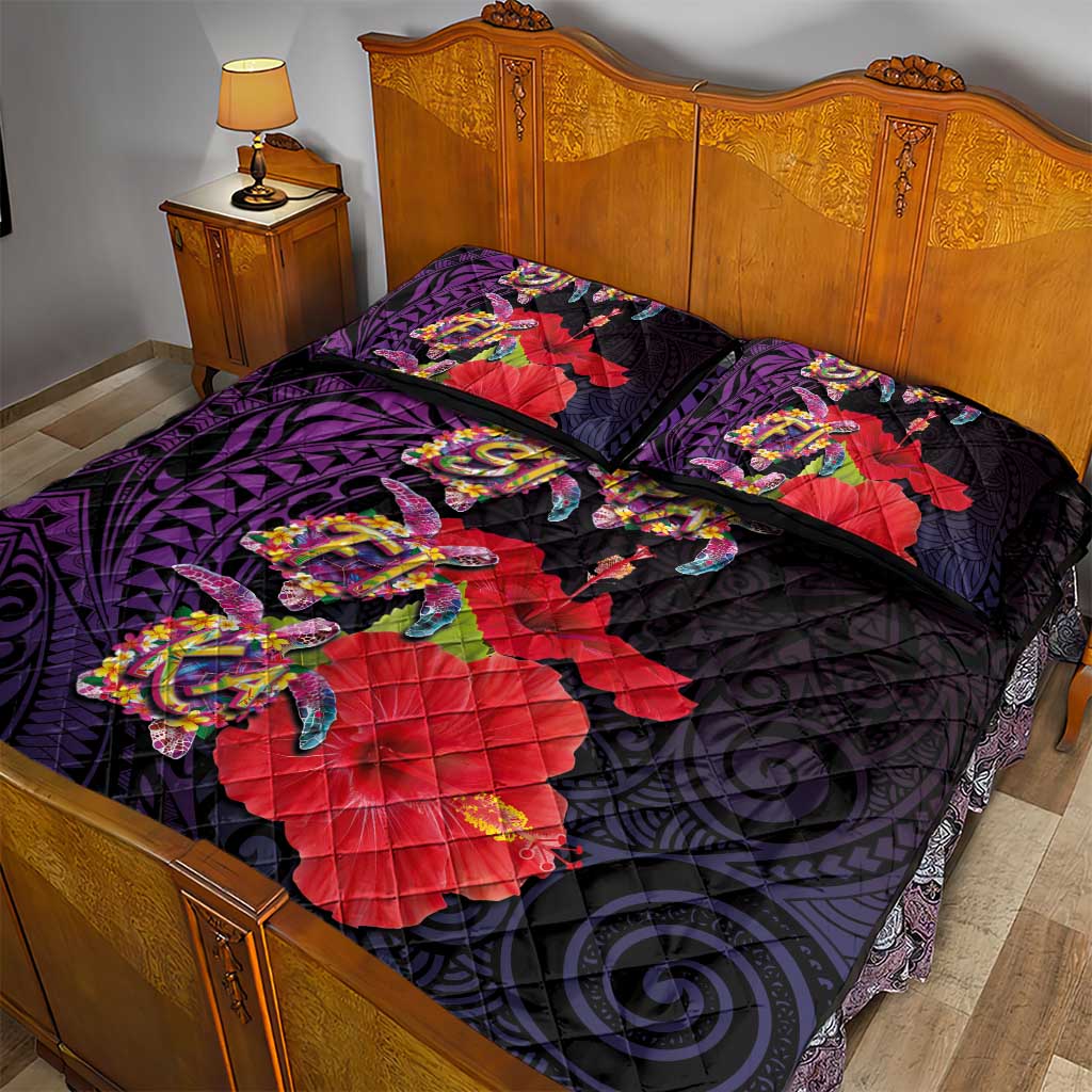 Pasifika Festival Quilt Bed Set Plumeria Turtles with Hibiscus - Polynesian Art Tattoo Purple Color LT03 - Polynesian Pride