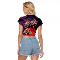 Pasifika Festival Raglan Cropped T Shirt Plumeria Turtles with Hibiscus - Polynesian Art Tattoo Purple Color LT03 - Polynesian Pride